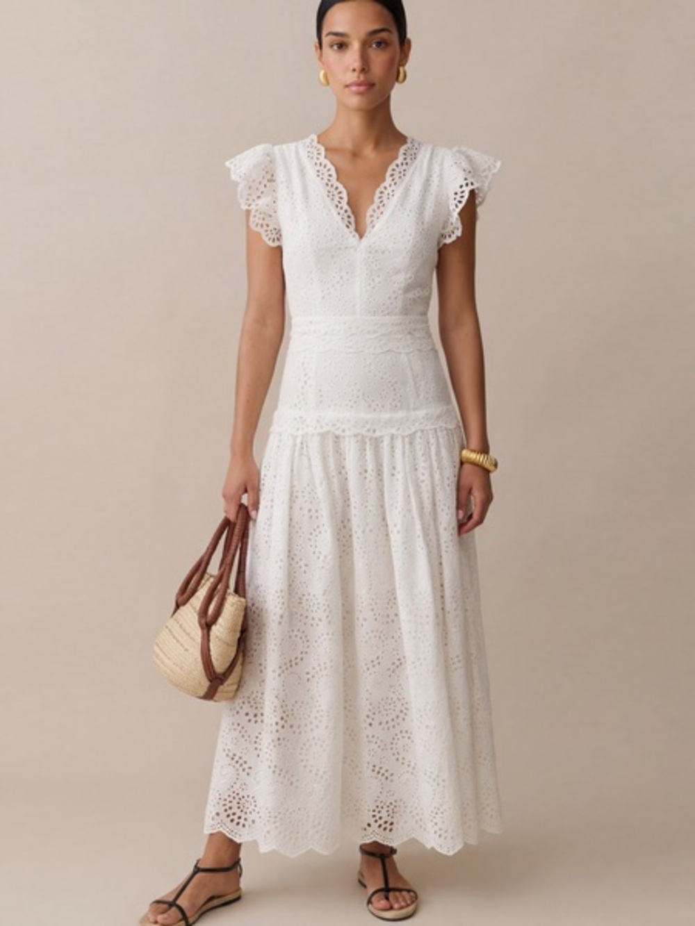 Doen Ivory Eyelet Midi Dress with Scalloped Sleeves